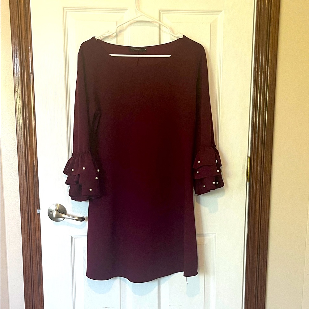 Chic Long Sleeve Burgundy Dress with Pearl Accents